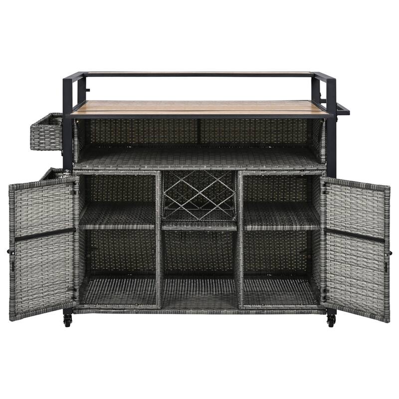 52.8"W Wicker Outdoor Grill Cart with Extended Plastic Wood Table Top - Grey
