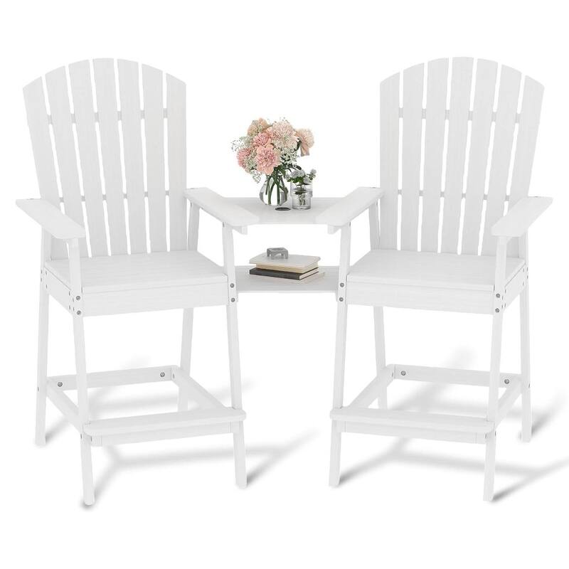 Set of 2 Outdoor Tall Adirondack Chairs Barstools for Deck, Balcony, Backyard, Patio Bar - White