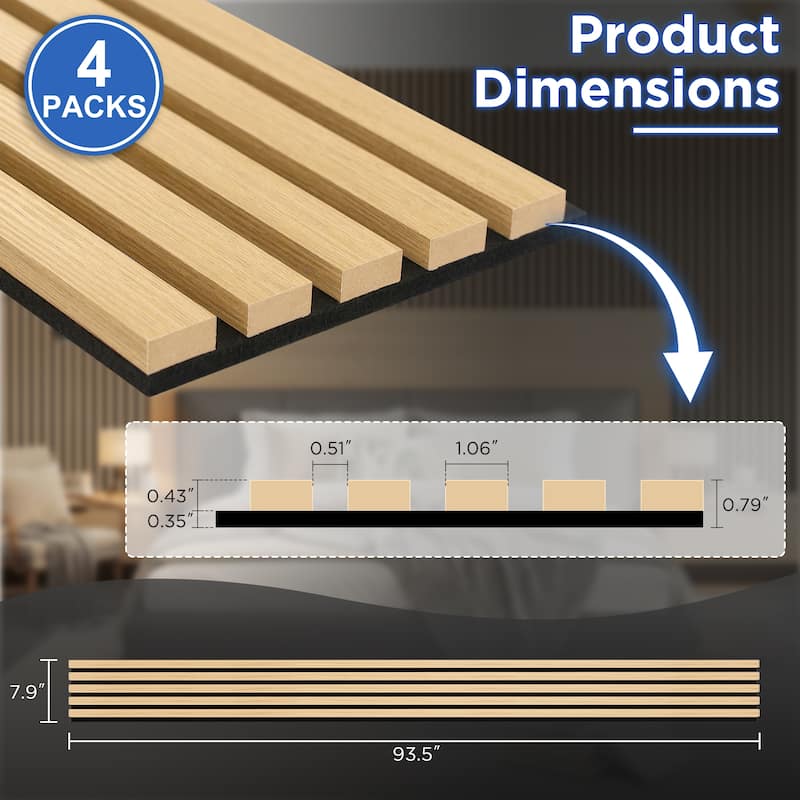 93.5" x 7.9" Wood Slat Acoustic Wall Panels for Ceiling and Wall Decor, 4-Pack (21 sq ft)
