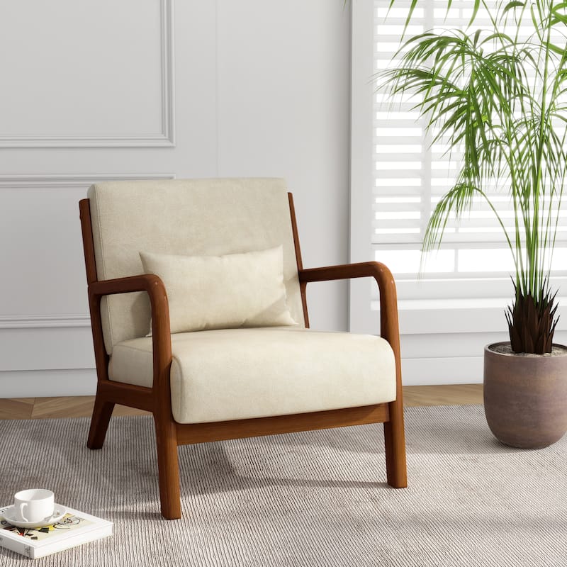 Mid Century Solid Wood Upholstered Accent Chair - CREAM/PU/BROWN WOOD HIGH SIDE FRAME