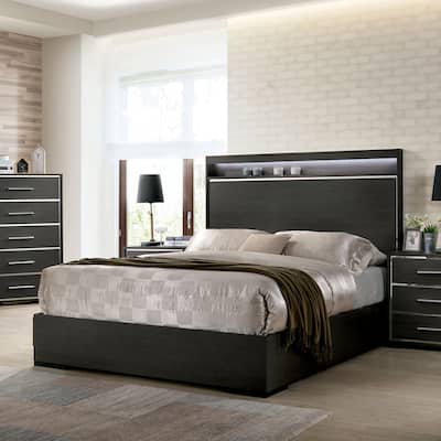 Furniture of America Kastela Modern Grey Wood Bed w/ LED Headboard