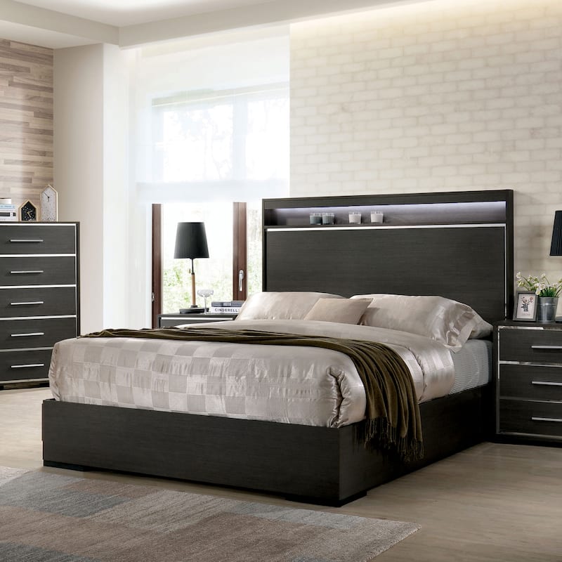 Furniture of America Kastela Modern Grey Wood Bed w/ LED Headboard - Queen