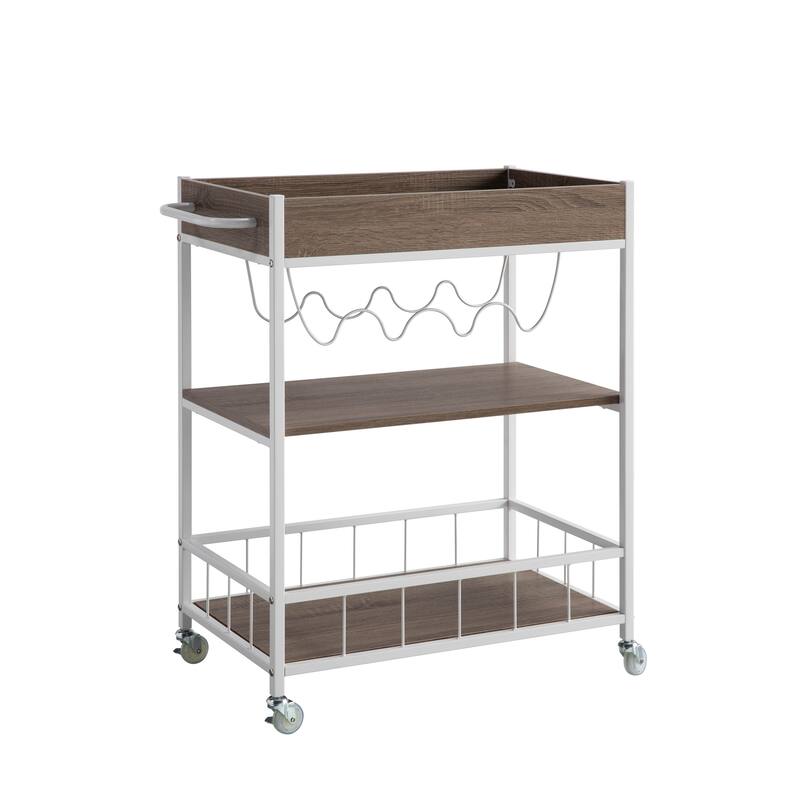 Rolling Kitchen Cart With Three Tier Storage And Four Wine Bottle Rack - White And Silver Metal(no include stool)