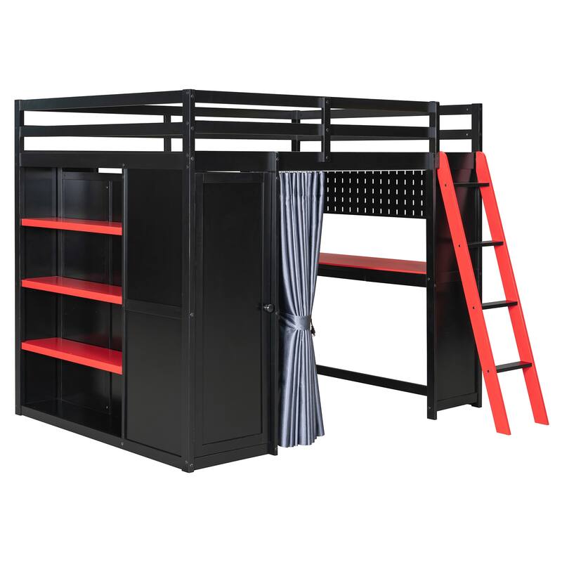 All-in-One Loft Bed Full Size Bedframe with Wardrobe, Shelves, Blackout Curtains, Pegboard, Charging Station and RGB Light Strip
