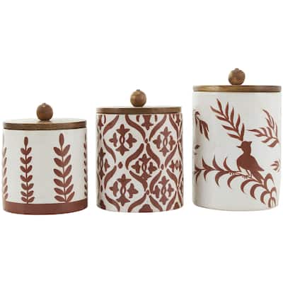 Ceramic Floral Canisters with Wood Lids - Set of 3 Red - Roche River Decor