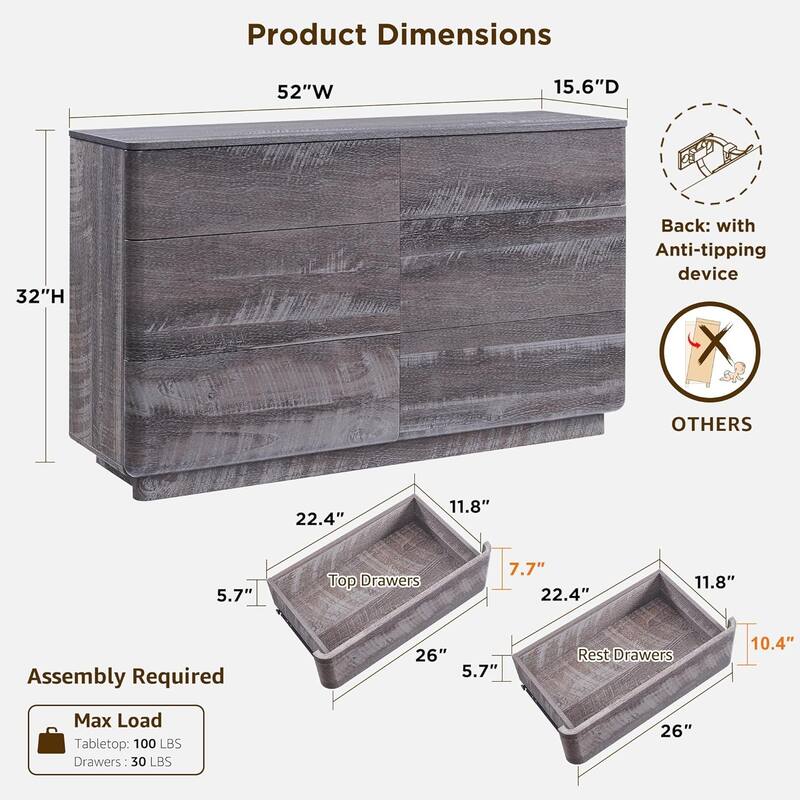 Modern 6 Drawer Dresser for Bedroom, Chest of Drawers, TV Stand