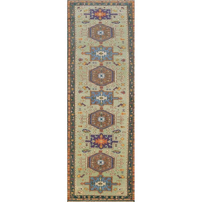 Light Green Khotan Indian Runner Rug Handmade Wool Carpet - 2'5"x 9'10"