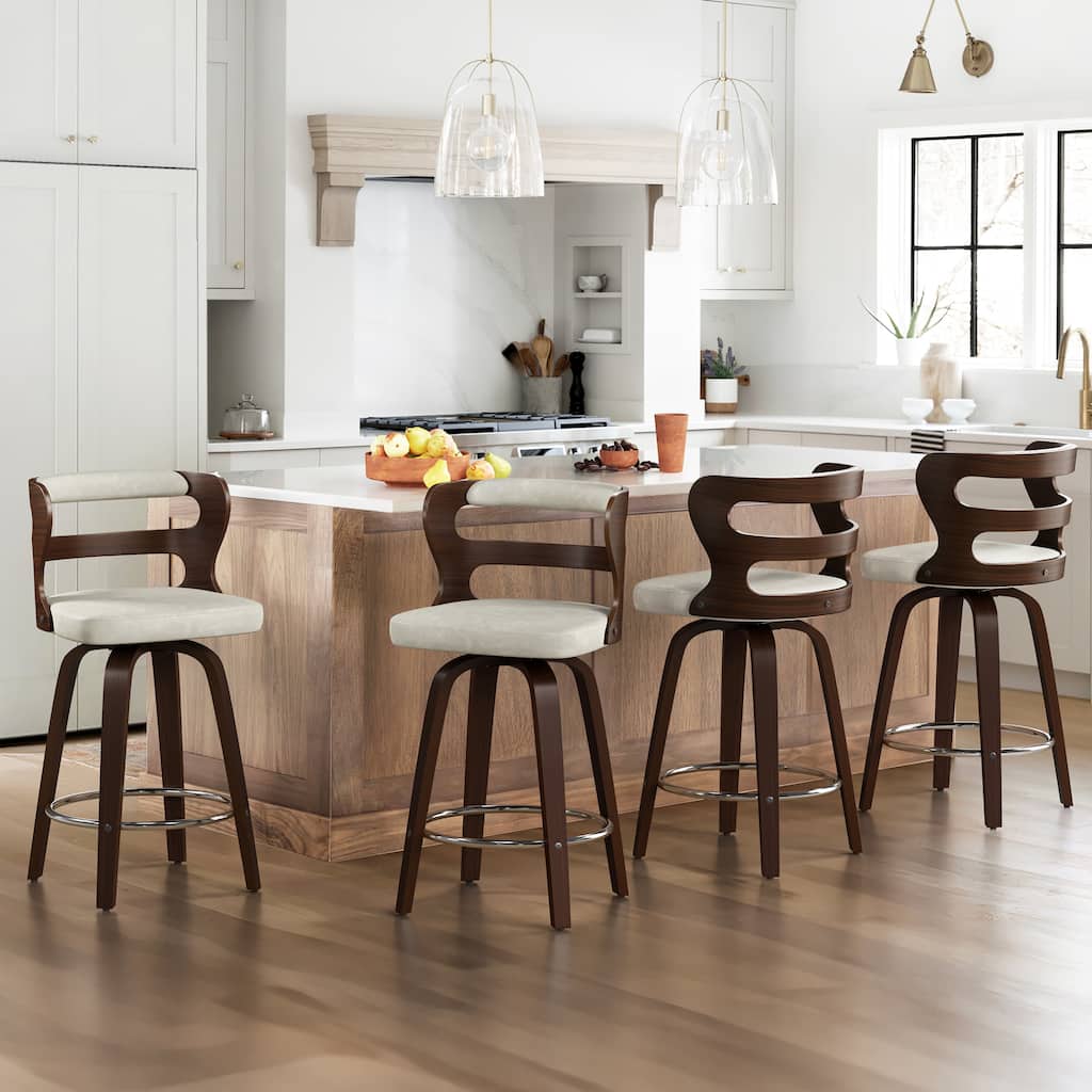 26"H Modern Walnut Swivel Counter Height Stool, Bar Stools with Back Set of 4 - 26" H