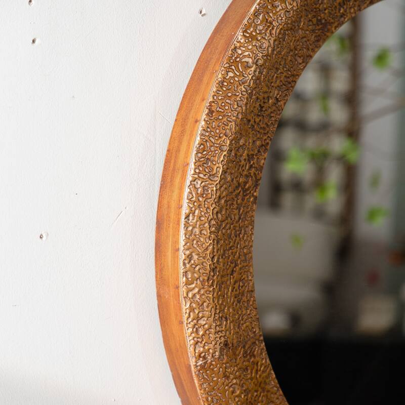 31.3" Hammered Gold Round Wall Mirror - Iron Frame & MDF Back Decorative Mirror, Rustic Accent Mirror - Golden