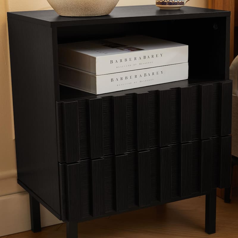 Mid Century Woodgrain Nightstand Pair 2 Drawers Bedside Table