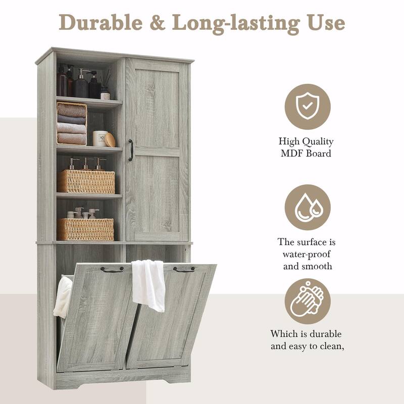 Bathroom Storage Cabinet with Doors and Drawers, Tilt-Out Laundry Hamper