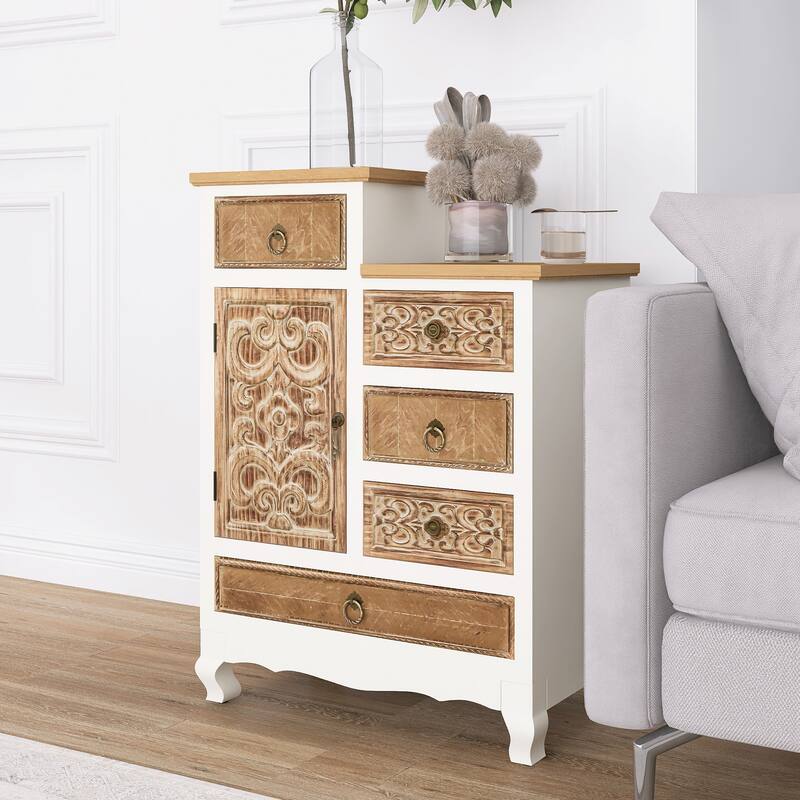 30" Tall Wooden Cabinet with 5 Drawers and 1 Door in Natural
