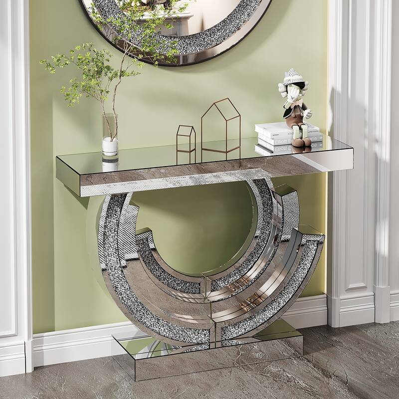 3C Shaped Crushed Diamond Hallway Table, Mirrored Centre Table Console Table Accent Table for Living Room