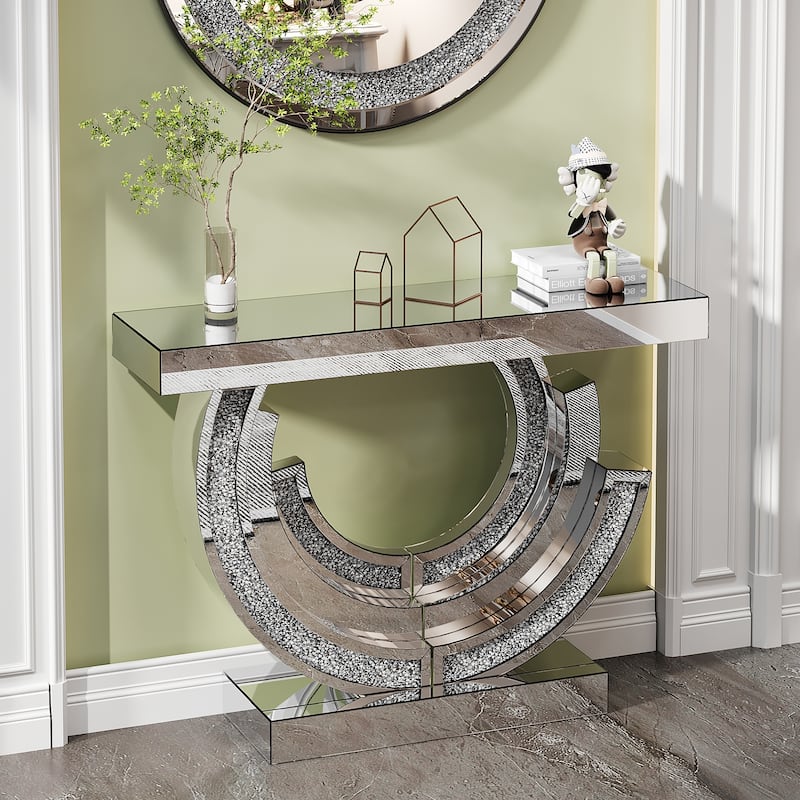 Silver Curved Mirrored Accent Table 3C Shaped Console Table with Shiny Acrylic Diamond Inlay for Living Room, Bedroom, Hallway