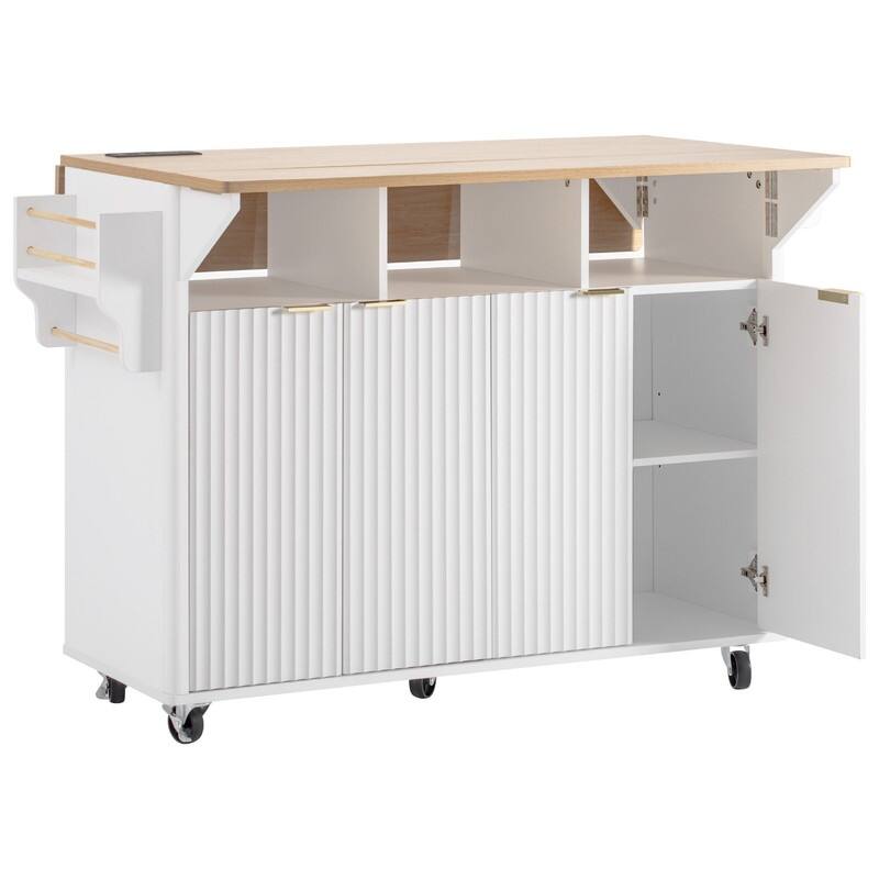 Modern 55.5" Fluted Kitchen Island with Drop Leaf, Kitchen Storage Cart on 5 Wheels with Power Outlet, Spice rack,Curved Edge