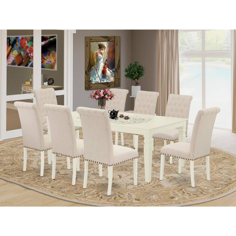 Rectangle Dining Set with Butterfly Leaf & 8 Parsons Chairs - Linen White & Beige Fabric - 84