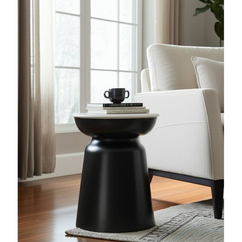 Metal Marble Round Top Drum End Table - Black, 20" - 20.0"