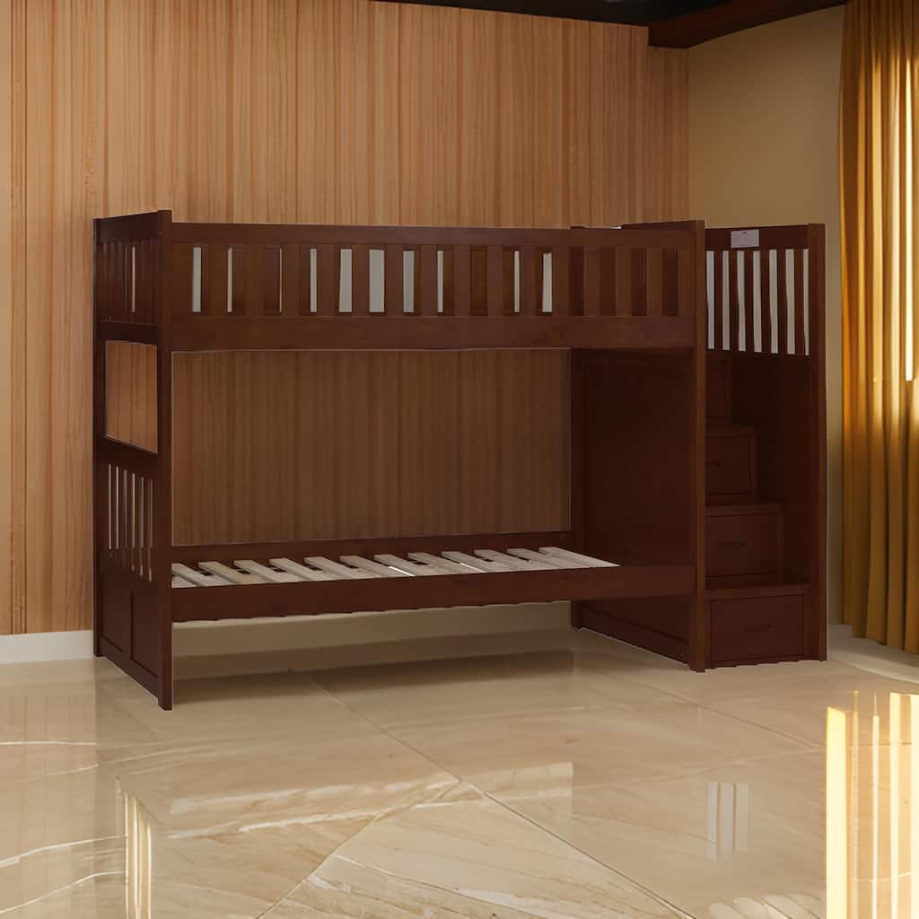 Catherine Twin over Twin Bunk Bed, Storage Step, Solid Wood, Dark Brown