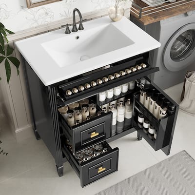 30" Bathroom Vanity with Sink, Bathroom Vanity Cabinet with One Flip Drawer and Two Drawers, Adjustable Shelf