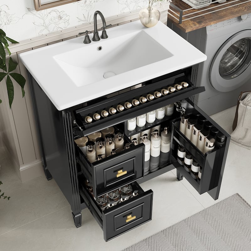 GDFStudio - Avalon 30-Inch Freestanding Bathroom Vanity with Ceramic Sink, Flip Drawer, Solid Wood & MDF Board - Black - 30"