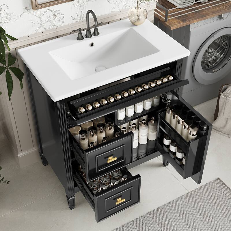 Roomfitters 30" Bathroom Vanity with Ceramic Sink, Solid Wood Frame with Flip Drawer, 2 Side Drawers & Adjustable Shelf