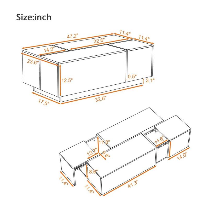 47.2''-72.7'' Modern Multi-functional Extendable Coffee Table with High-gloss Finish and 2 Hidden Storage Space