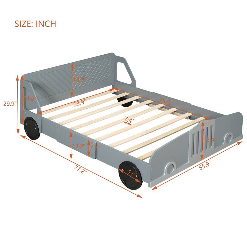Full Size Car-Shaped Platform Bed with Wheels in Gray, Sturdy and Stylish Design