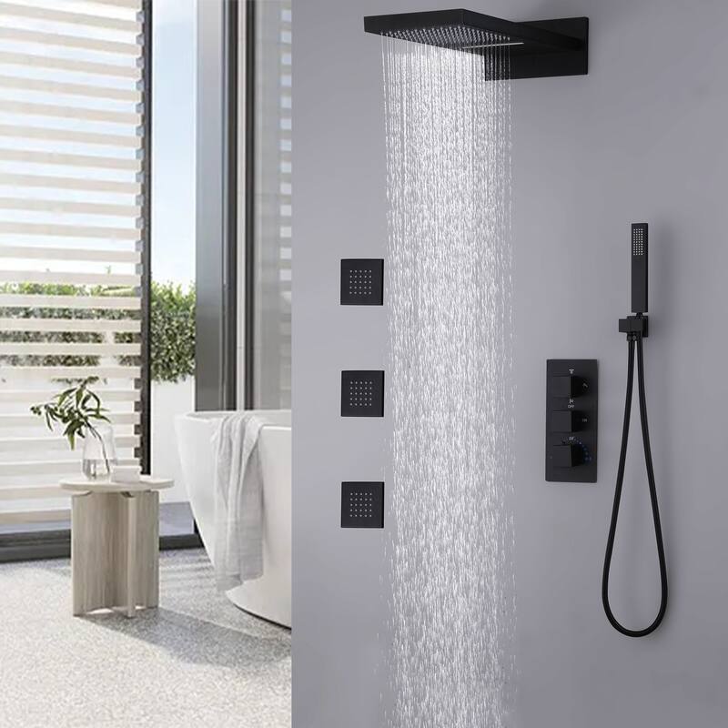 High-pressure Square Thermostatic Rainfall Shower System with HandheldShower & 3 Massaging Jets