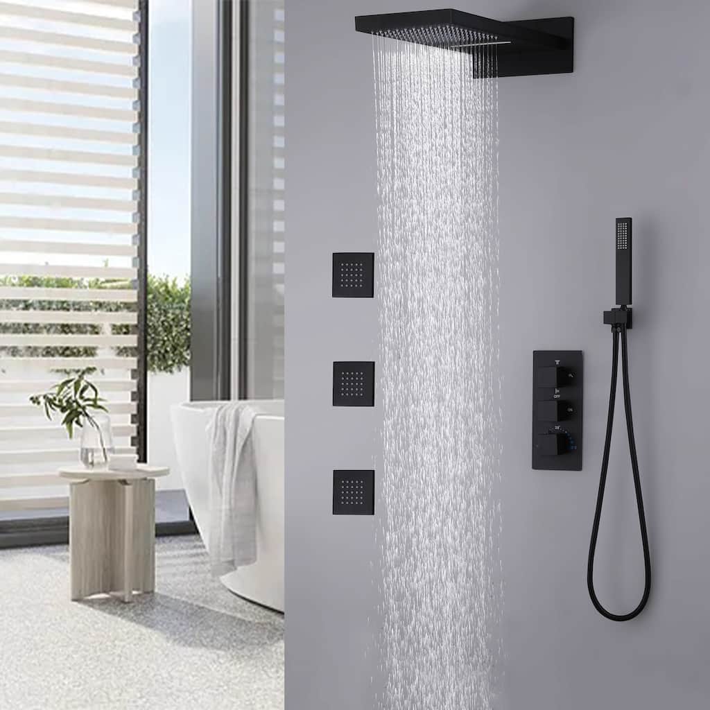 High-pressure Square Thermostatic Rainfall Shower System with HandheldShower & 3 Massaging Jets