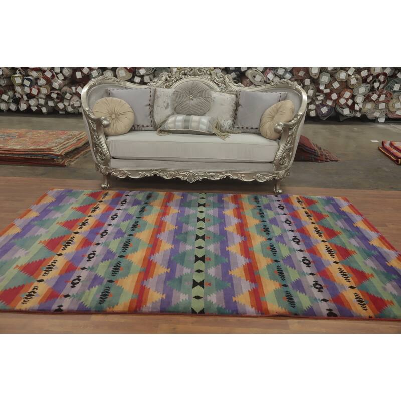 Hand-knotted Tribal Wool Purples Geometric Oriental Area Rug - 9' 2'' X 6' 1''