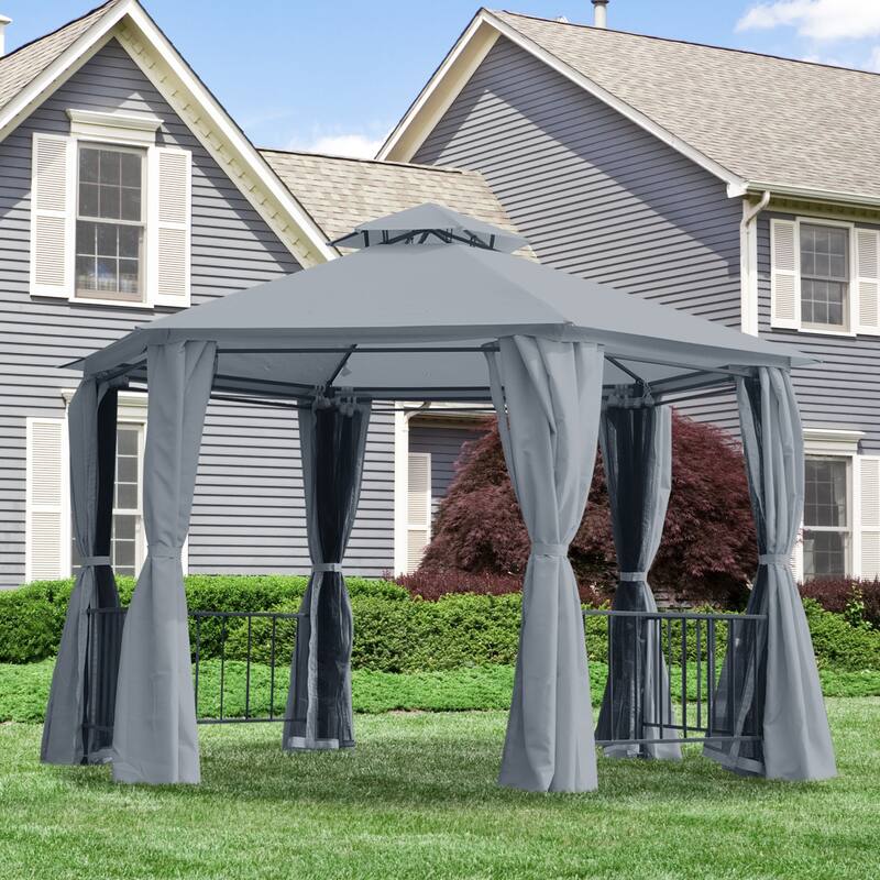 Outsunny 7' x 7' 2-Level Hexagon Outdoor Patio Gazebo Canopy Pavilion with Removable Mesh Curtains, Double Tiered Roof