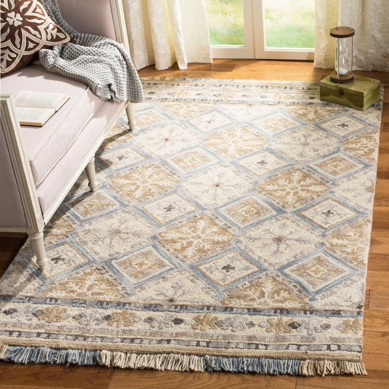 SAFAVIEH Handmade Blossom Kokoro Modern Floral Wool Rug - 5' x 8' - Beige/Light Blue