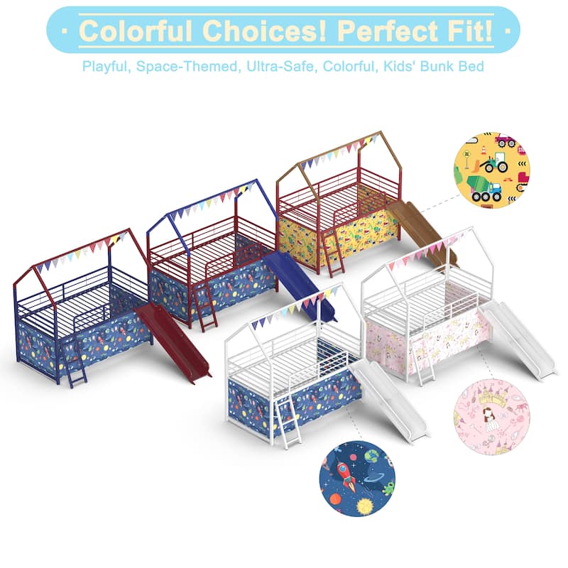 Metal Junior House Twin Loft Bed with Slide and Curtain Set