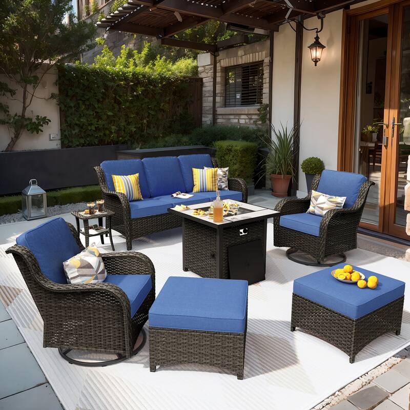 OVIOS 7-piece Patio Swivel Chair Set with 30" Fire Pit - Navy Blue-Brown Wicker