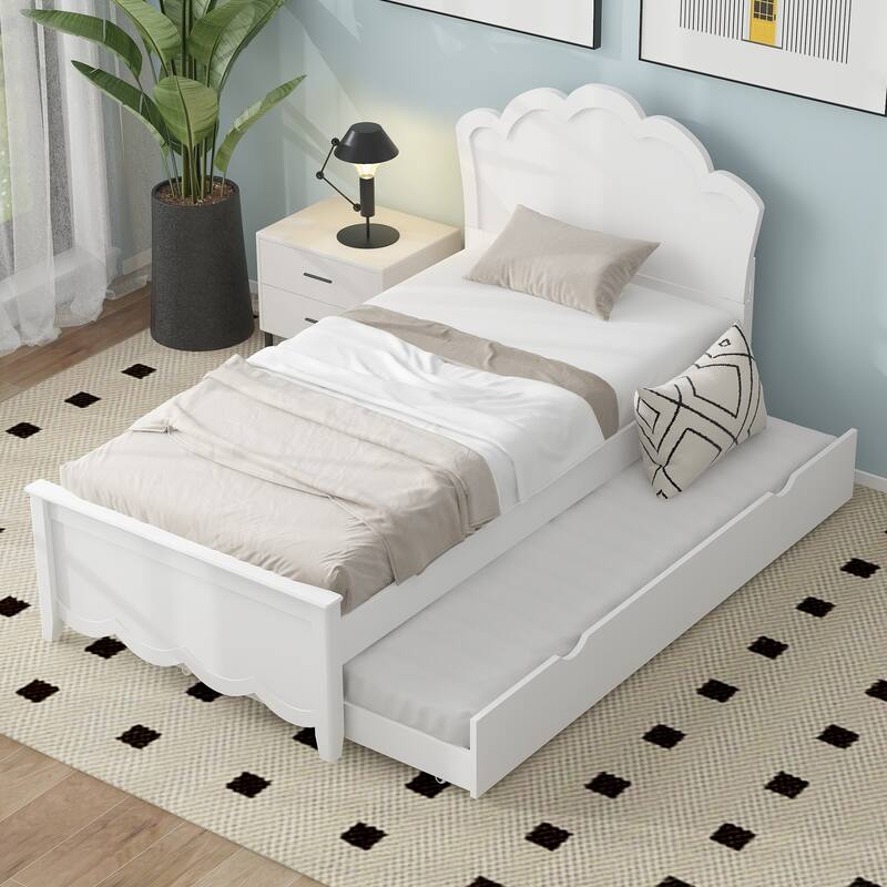 White Pine Wood Bed Frame, Twin Size Platform Bed w/Curved Headboard, Pull-out Trundle Bed for Bedroom, Apartment - White
