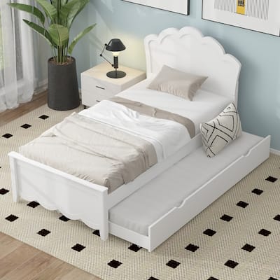 White Pine Wood Bed Frame, Twin Size Platform Bed w/Curved Headboard, Pull-out Trundle Bed for Bedroom, Apartment