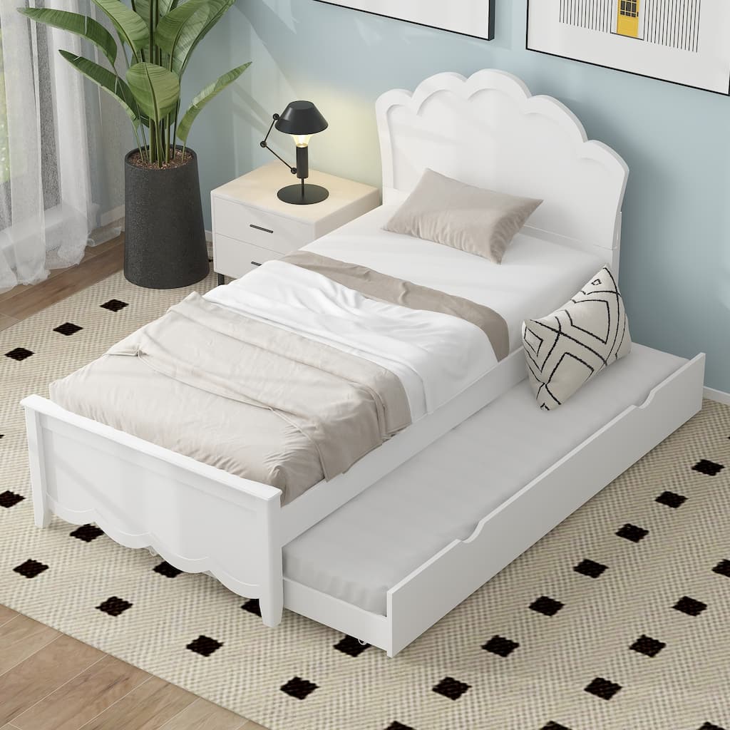 White Pine Wood Bed Frame, Twin Size Platform Bed w/Curved Headboard, Pull-out Trundle Bed for Bedroom, Apartment