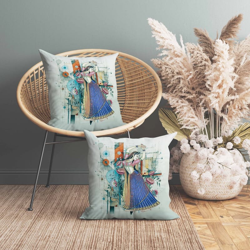 Gracefully Dancing Woman Indoor/Outdoor Reversible Throw Pillow Blue and Orange