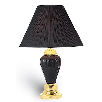 27" Tall Ceramic Table Lamp, Urn-Shaped with Black finish, Linen Shade
