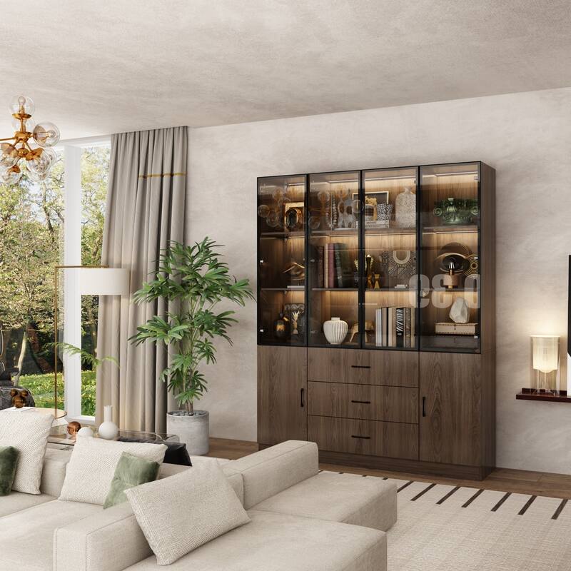 LED-Lit Wood Grain Cabinet - Configurable Storage for Home or Office