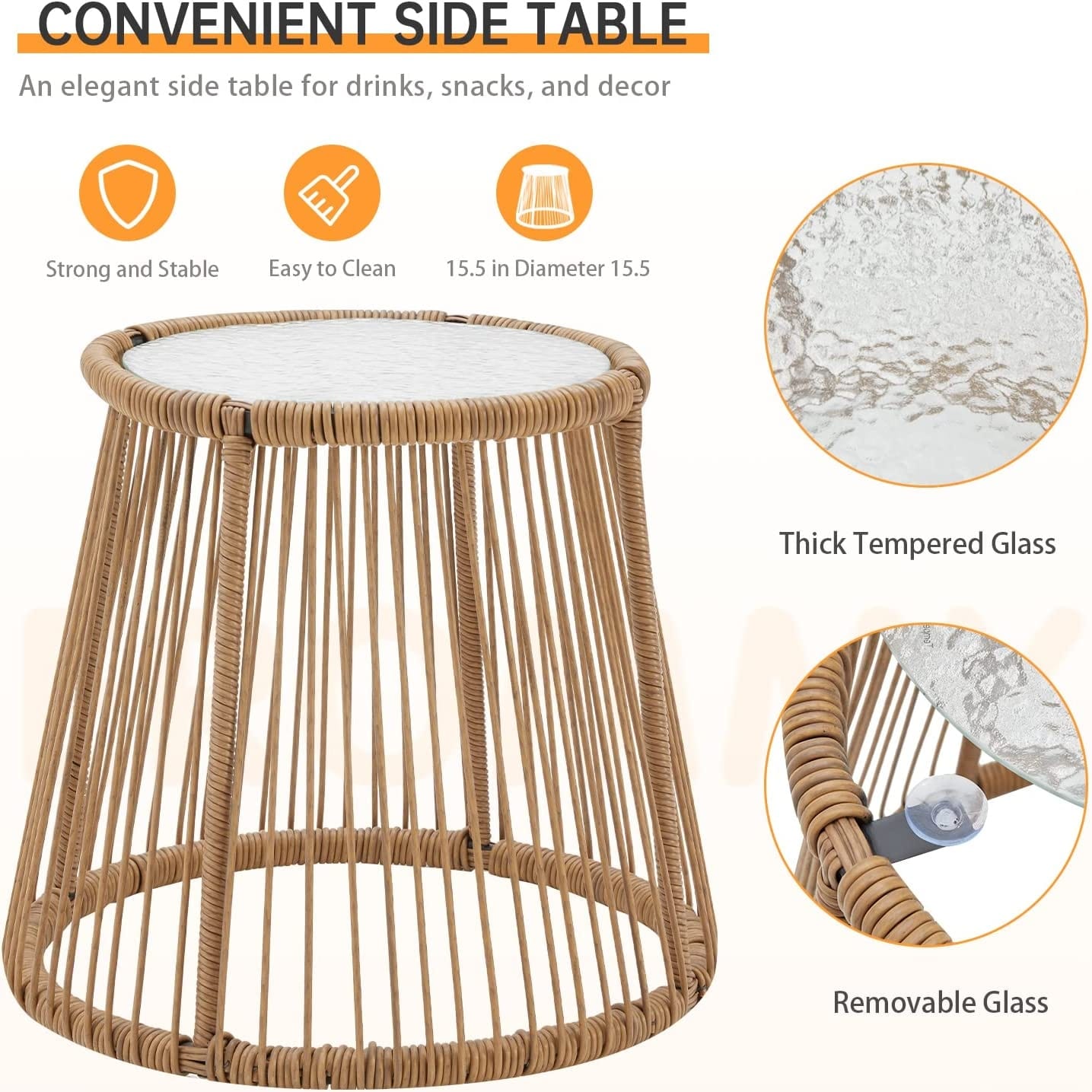 EROMMY 3-Piece Patio Conversation Set with Glass Table & 2 Armchairs, Seat Cushions