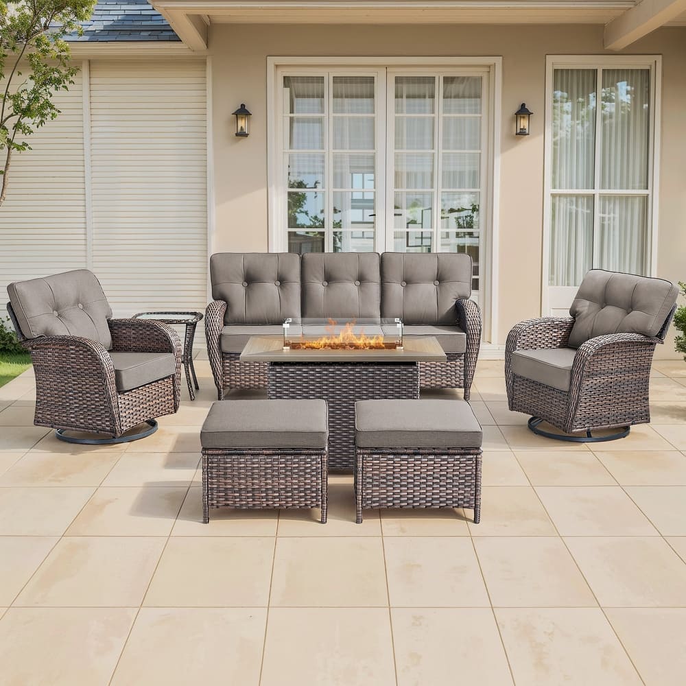 Gymojoy Outdoor Wicker Patio Furniture Sofa Set with 55,000 BTU Fire Pit Table, Swivel Chairs, Ottomans & Side Tables