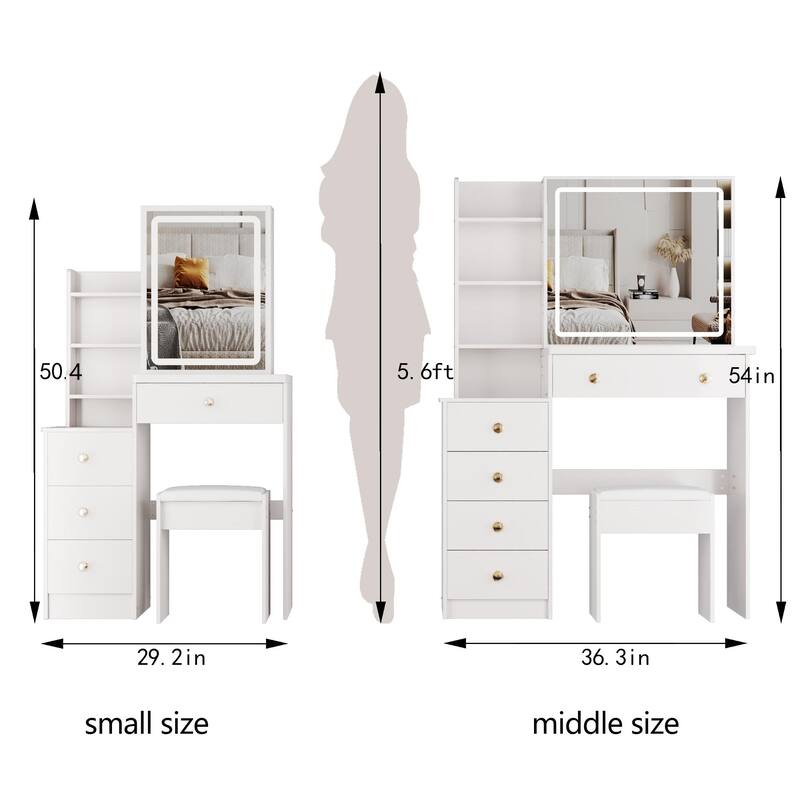 29.2" Small Vanity Table with LED Sliding Mirror, Cushioned Stool, Touch Light and Storage Cabinet