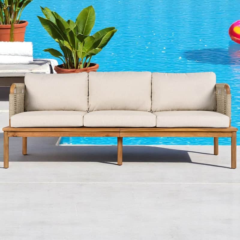 3-Piece Acacia Wood Outdoor Patio Furniture Set, Water-Repellent Cushions, Sofa, Ottoman & Table for Garden, Balcony, or Porch
