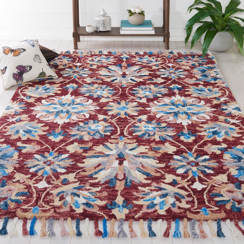 SAFAVIEH Handmade Aspen Orane Floral Braided Tassel Wool Rug - 4' x 6' - Wine/Blue
