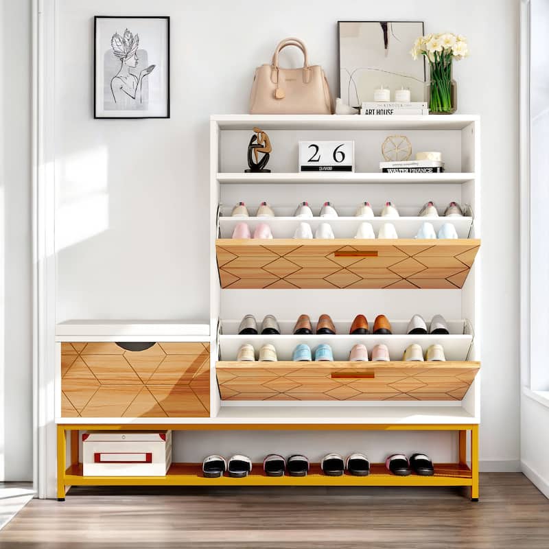 Moasis 22 Pairs Shoe Cabinet with 2 Flip Drawers, Narrow Shoes Rack with Storage Bench