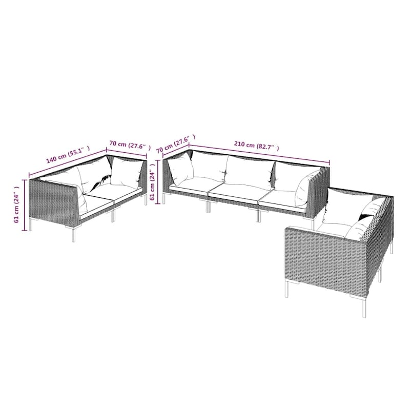 vidaXL Patio Lounge Set Outdoor Sectional Sofa Set Table Poly Rattan Dark Grey - 27.6" x 27.6" x 24"