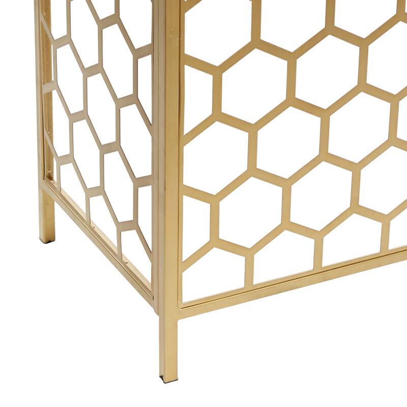 Metal Geometric Honeycomb Pattern Console Table with Brown Wood Top - Gold - Roche River Decor - 14"Wx42"Lx30"H