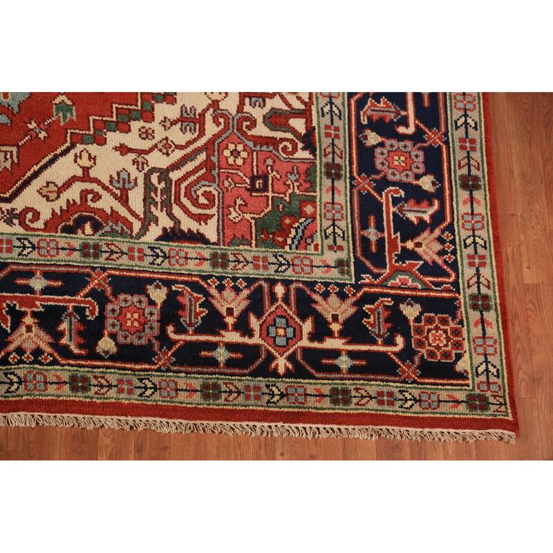 Geometric Heriz Serapi Indian Area Rug Hand-Knotted Wool Carpet - 8'11"x 11'7"