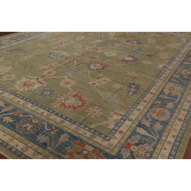 Hand Knotted Oriental 100% Wool Carpet Transitional All-Over Green Oushak Area Rug - 15' 1'' X 12' 2''